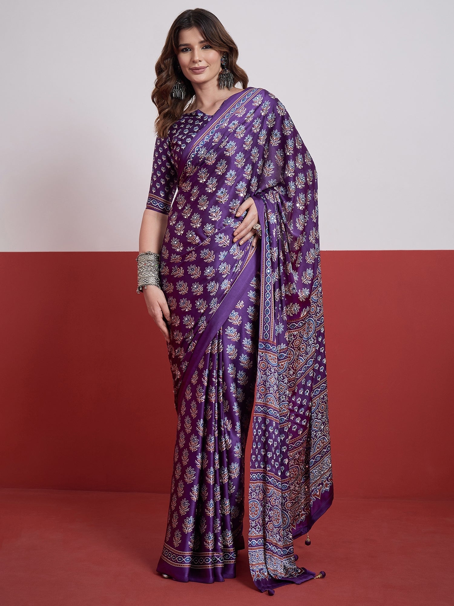 Peachmode Purple Semi Modal Saree with Mirror Work - Image 1