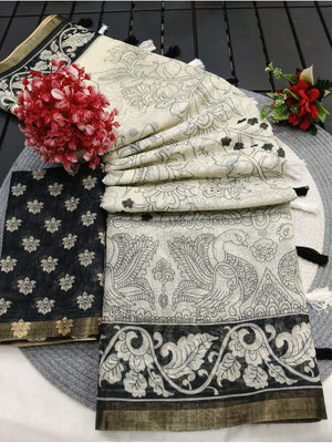 Peachmode Off White Linen Cotton Saree with Black Printed Border - Image 2