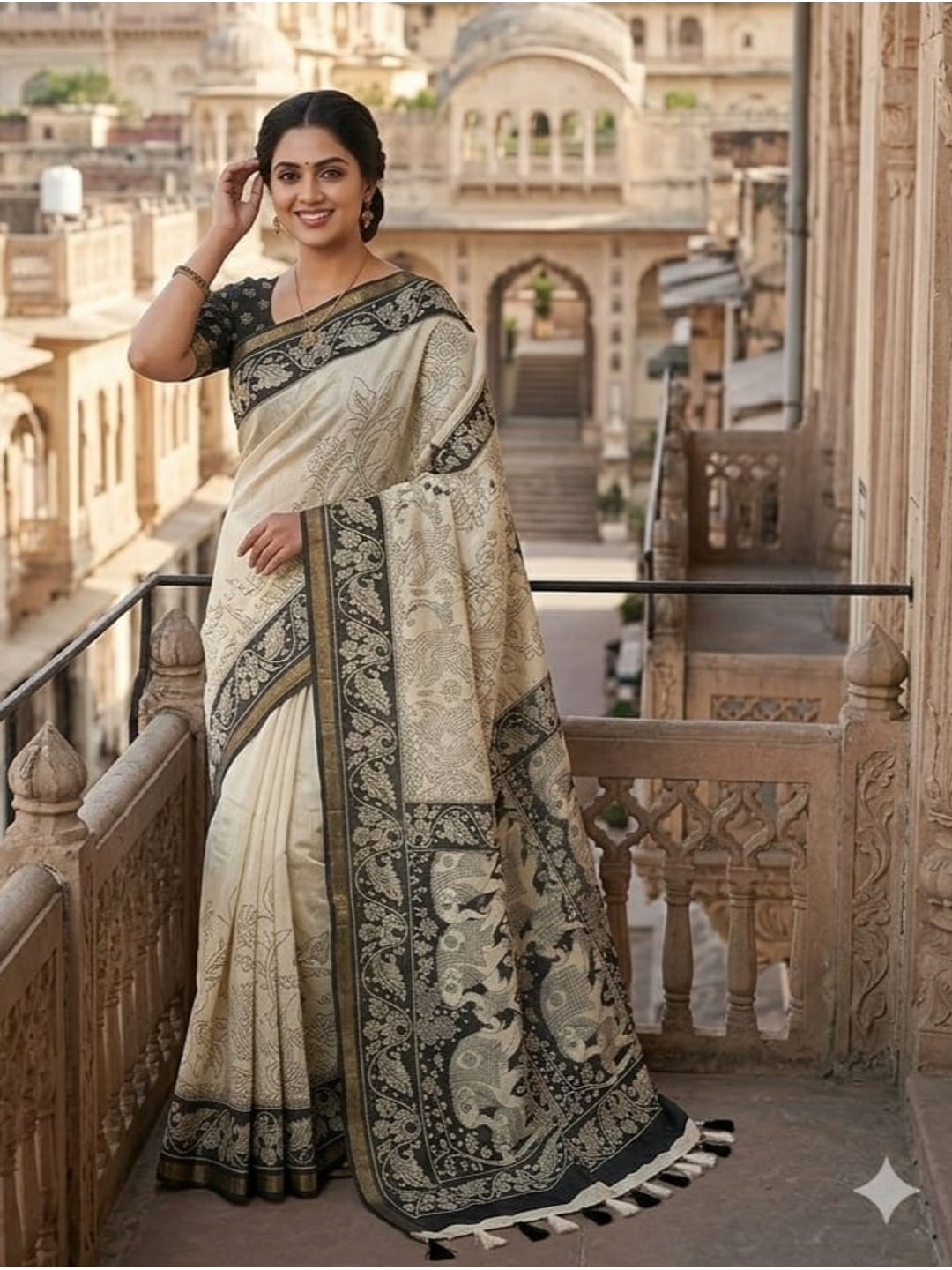Peachmode Off White Linen Cotton Saree with Black Printed Border - Image 6