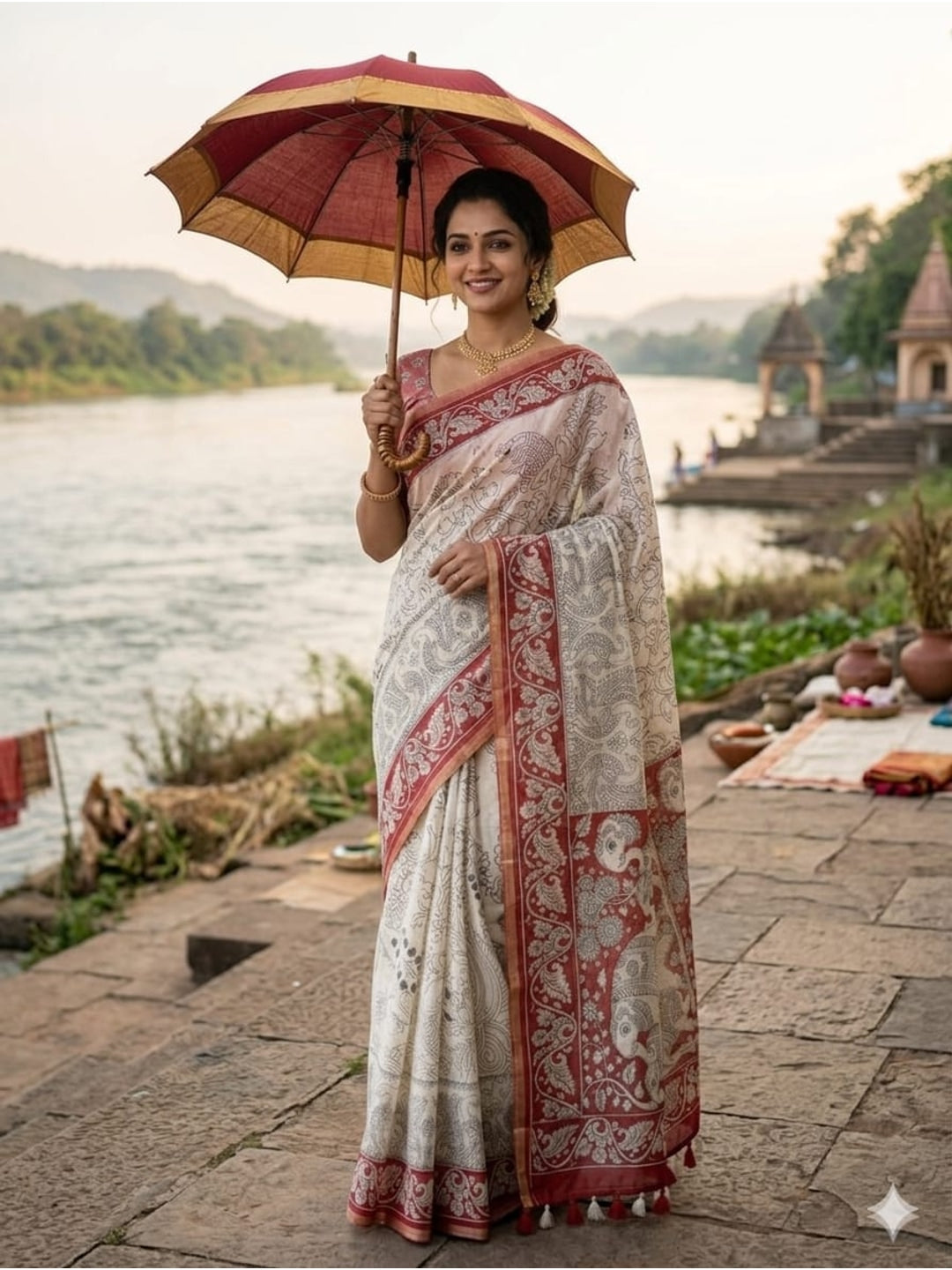 Peachmode Off White Linen Cotton Saree with Red Printed Border - Image 2