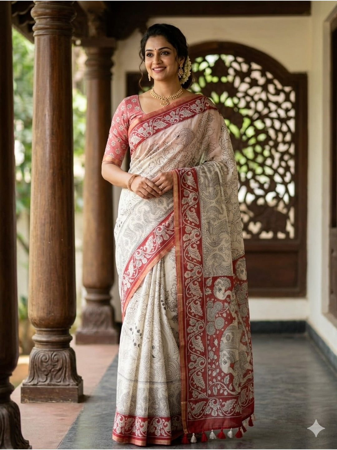 Peachmode Off White Linen Cotton Saree with Red Printed Border - Image 1