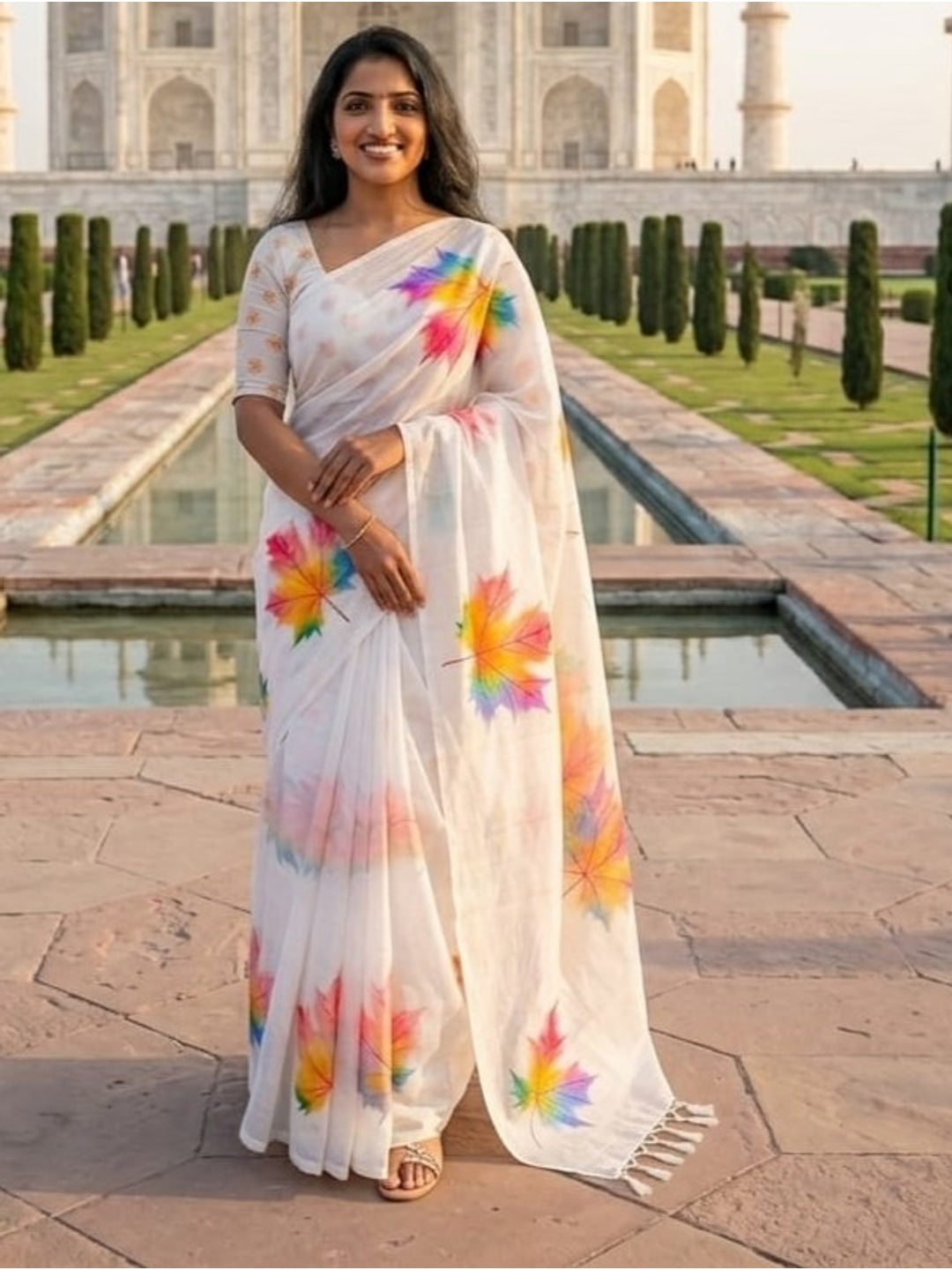 Peachmode White Linen Cotton Saree with Multicolor Leaf Print - Image 1