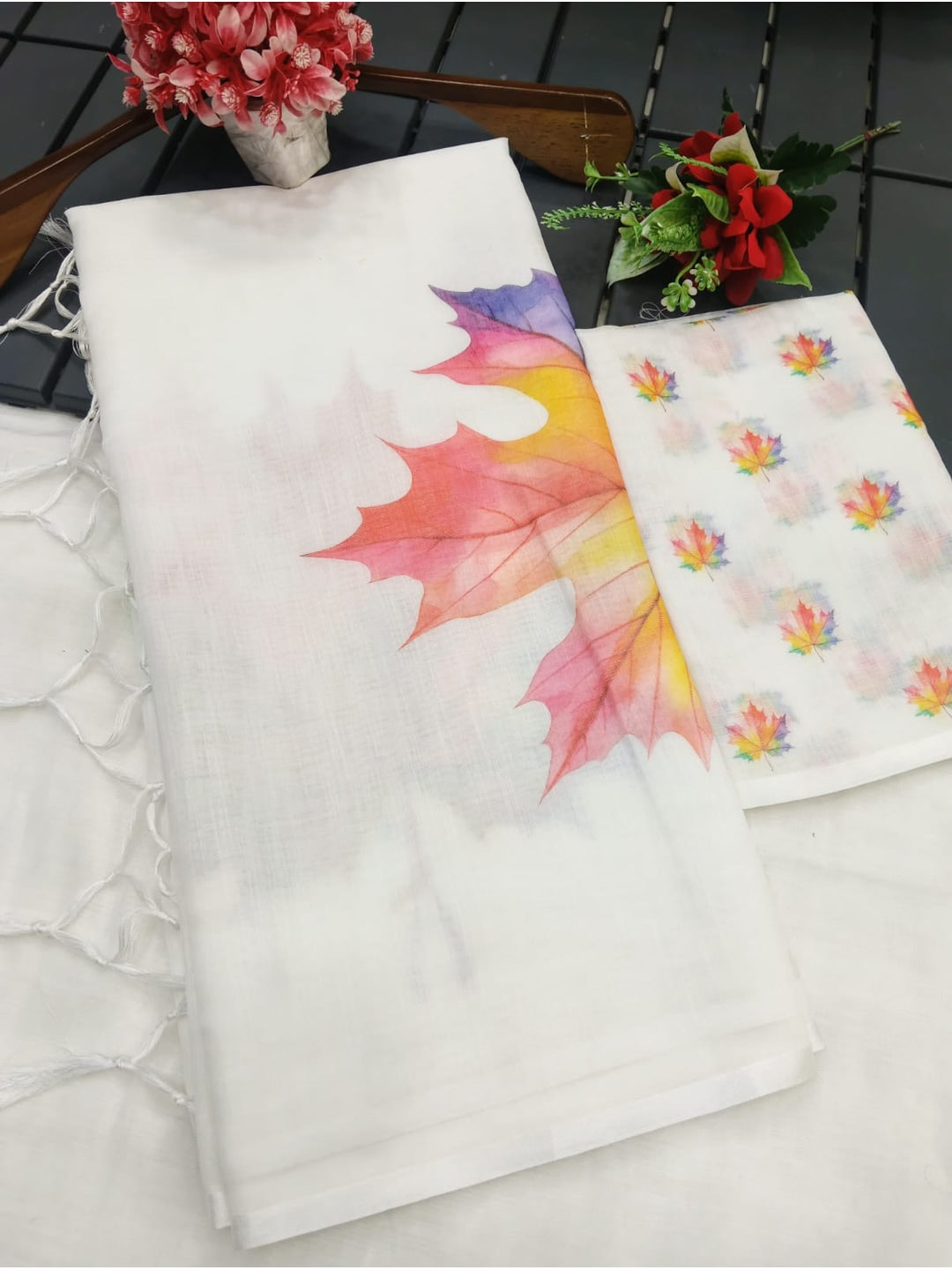 Peachmode White Linen Cotton Saree with Multicolor Leaf Print - Image 2