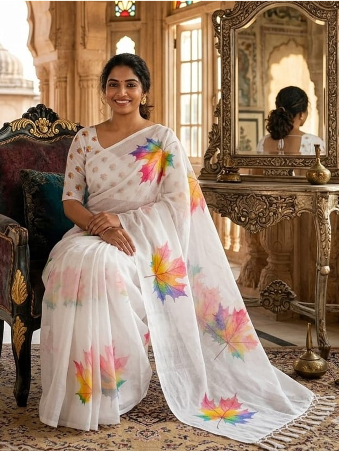 Peachmode White Linen Cotton Saree with Multicolor Leaf Print - Image 3
