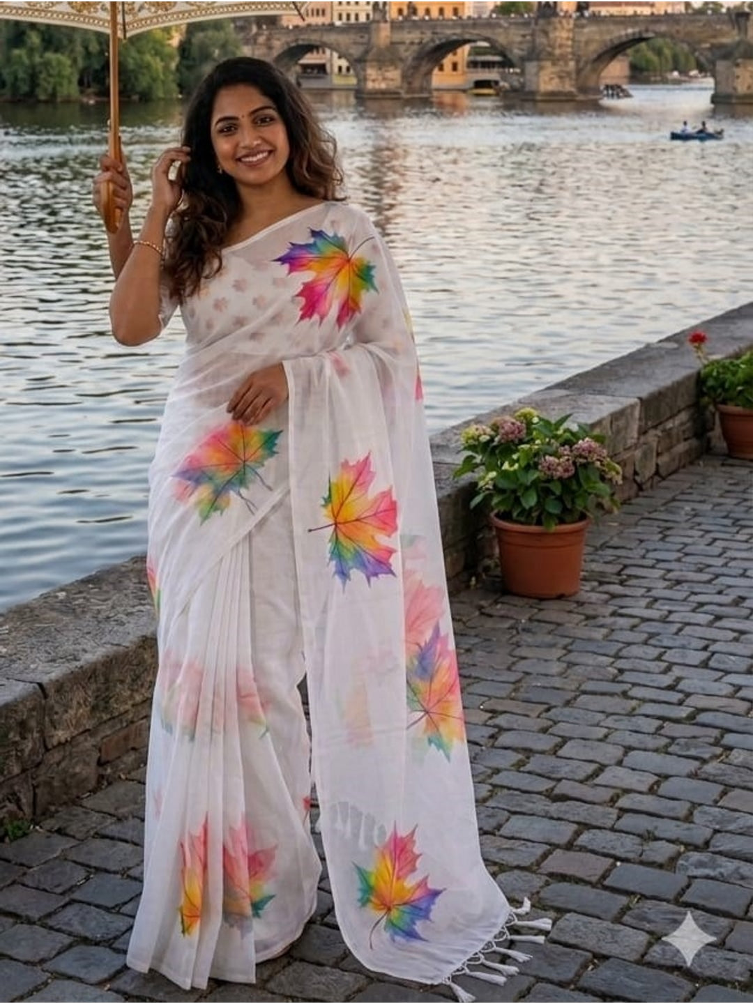 Peachmode White Linen Cotton Saree with Multicolor Leaf Print - Image 4