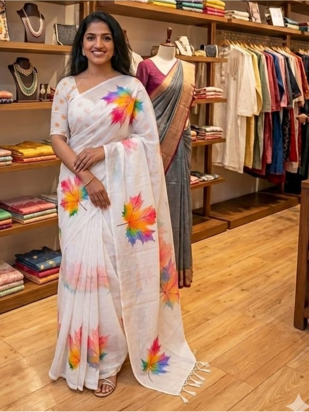 Peachmode White Linen Cotton Saree with Multicolor Leaf Print - Image 5