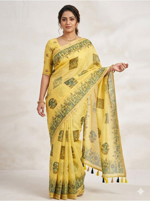 Peachmode Pale Yellow Linen Cotton Saree with Grey Motif Print - Image 1