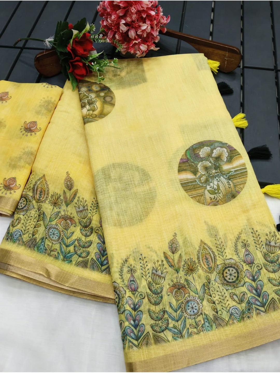 Peachmode Pale Yellow Linen Cotton Saree with Grey Motif Print - Image 3