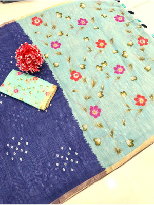 Peachmode Blue Linen Cotton Saree with Aqua Pallu Print - Image 2