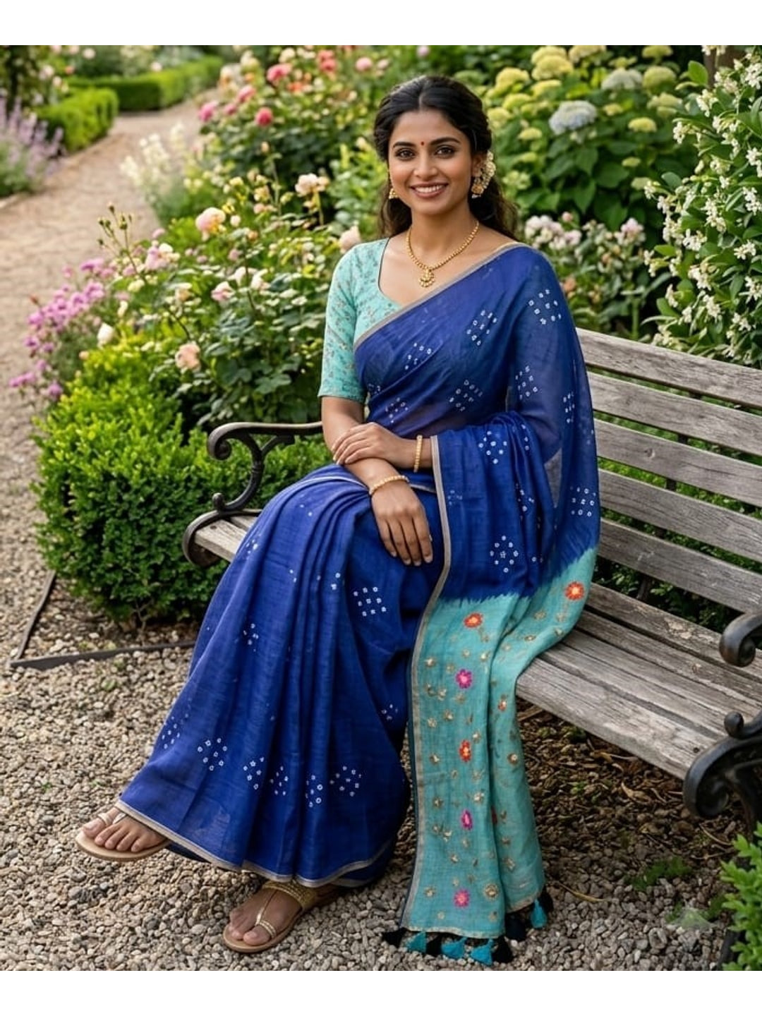 Peachmode Blue Linen Cotton Saree with Aqua Pallu Print - Image 5