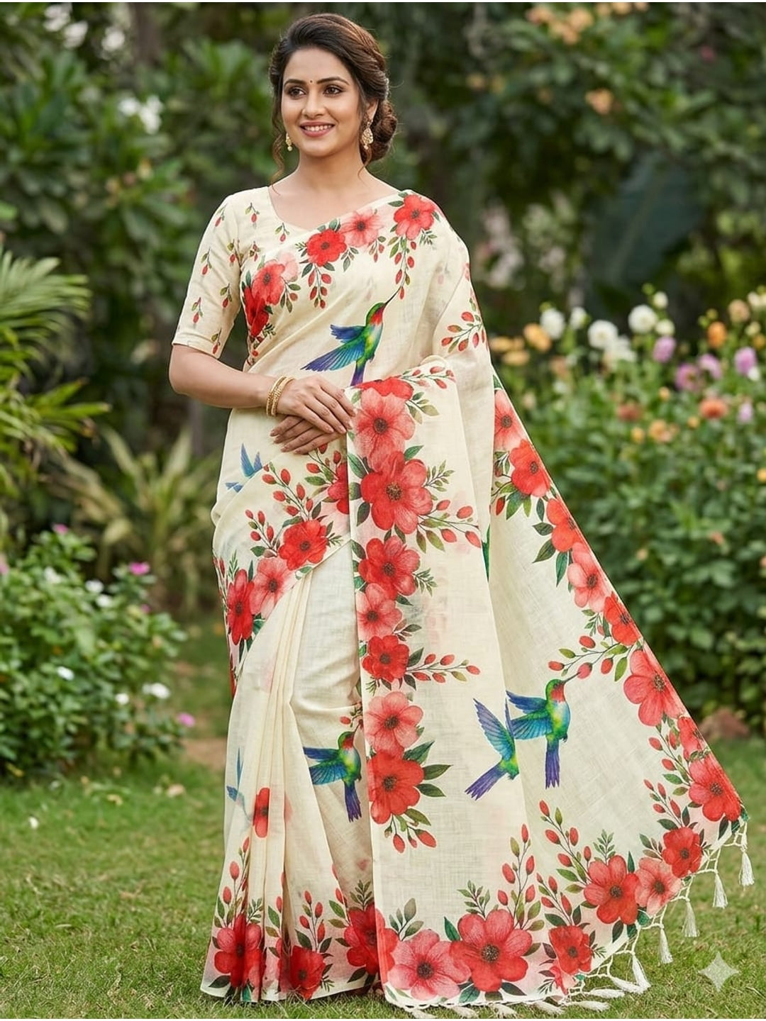 Peachmode Cream & Red Linen Cotton Saree with Red Floral Bird Print - Image 1