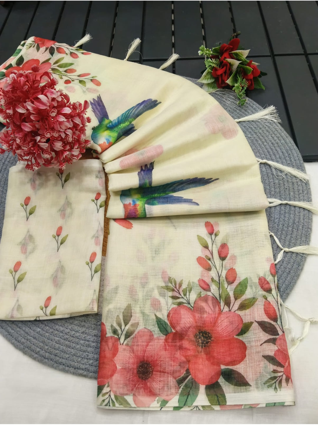 Peachmode Cream & Red Linen Cotton Saree with Red Floral Bird Print - Image 3