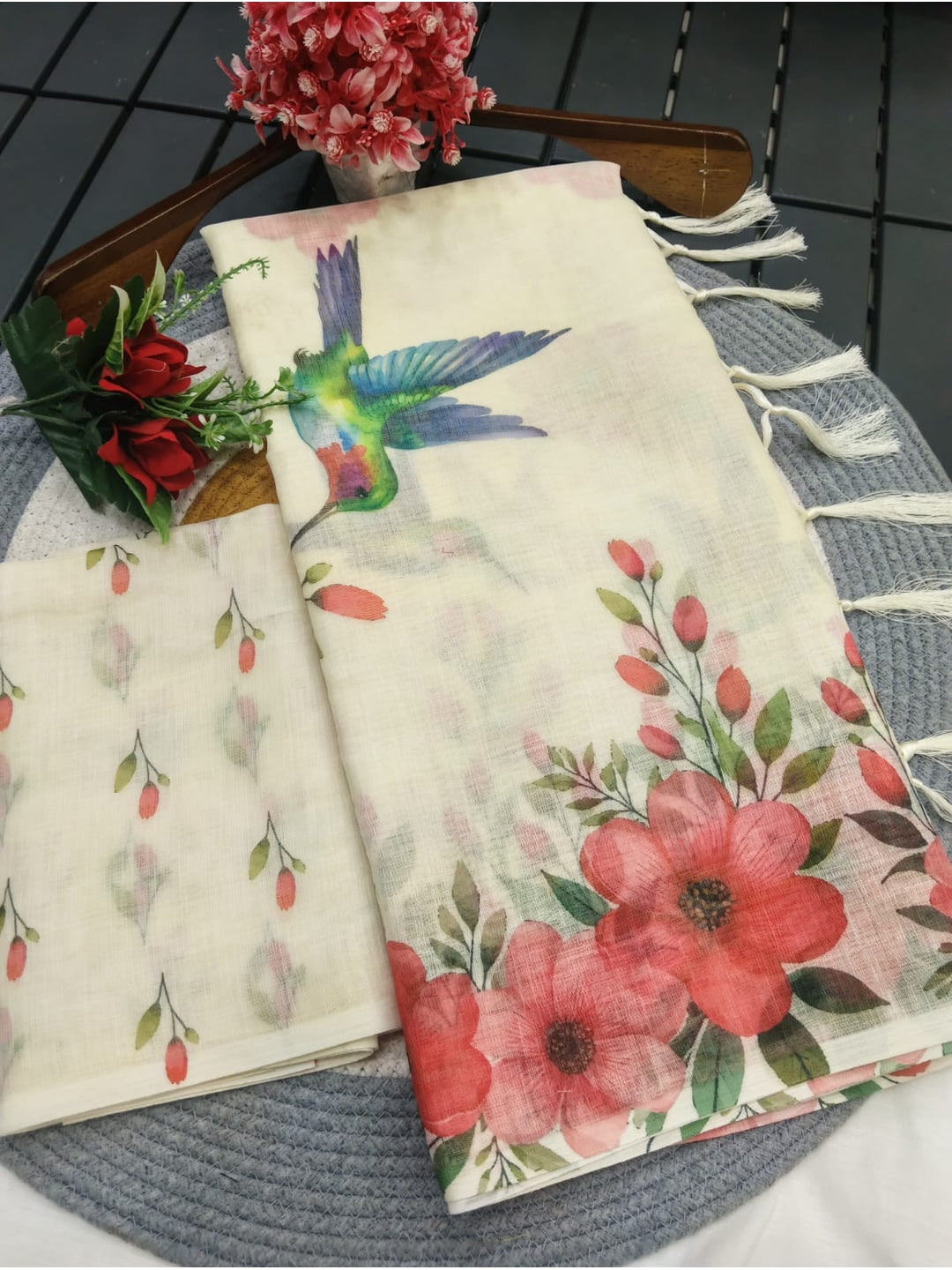 Peachmode Cream & Red Linen Cotton Saree with Red Floral Bird Print - Image 4
