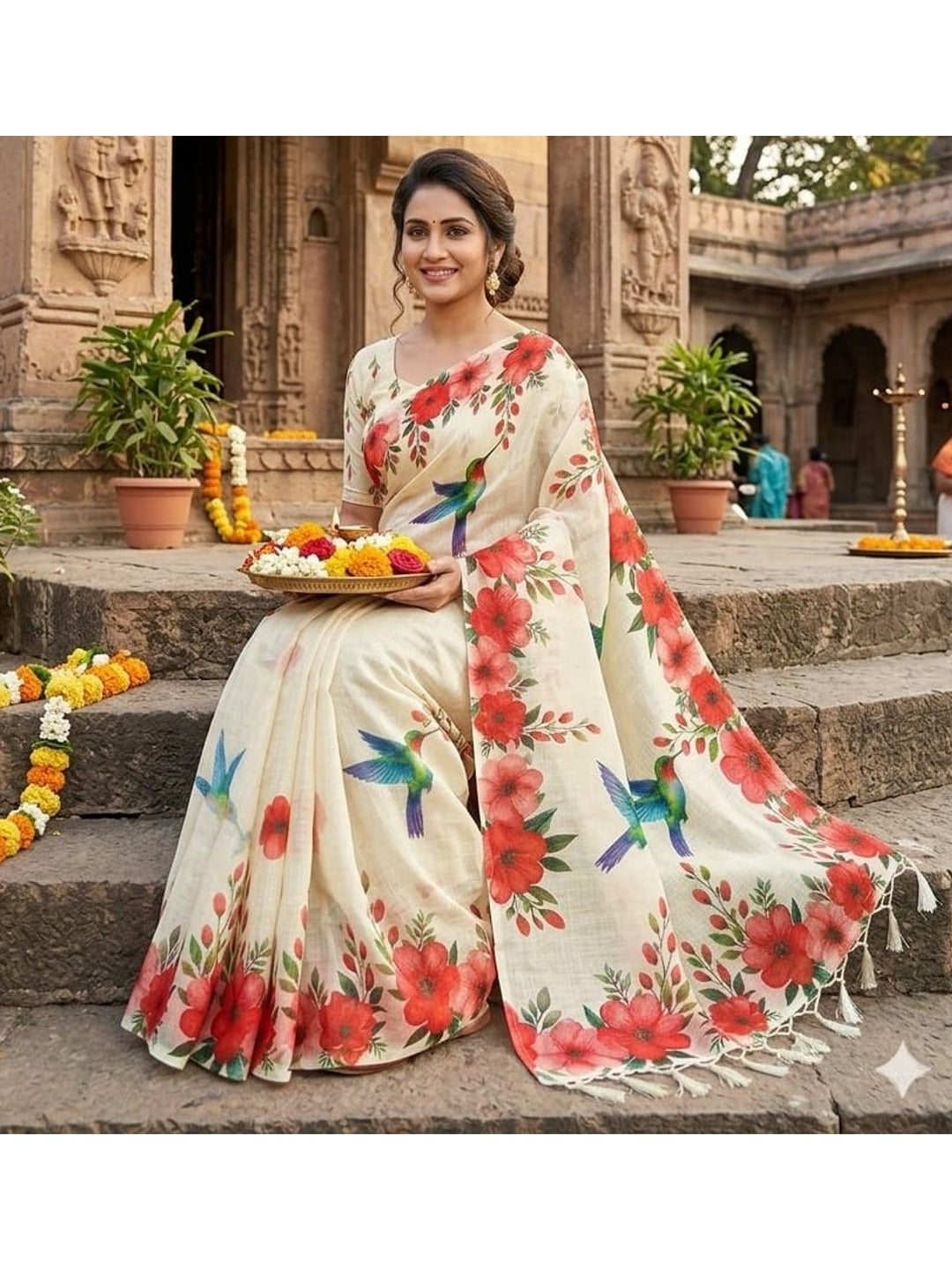 Peachmode Cream & Red Linen Cotton Saree with Red Floral Bird Print - Image 6
