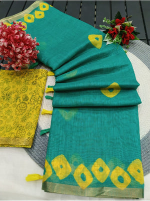 Peachmode Teal Linen Cotton Saree with Yellow Printed Pallu - Image 2