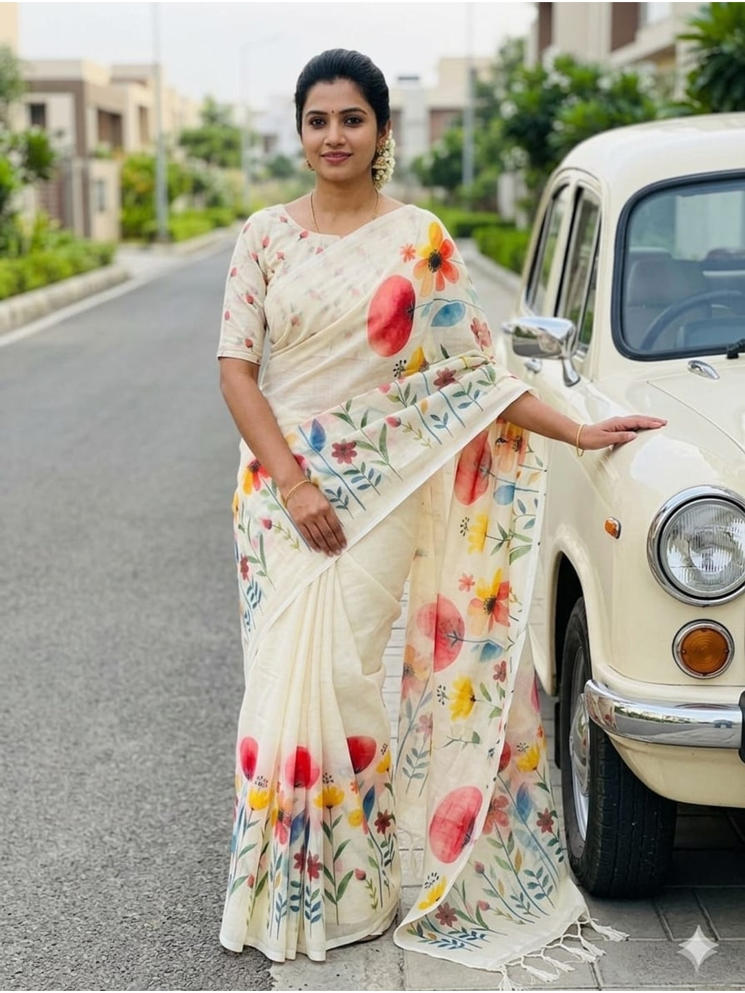 Peachmode Cream Linen Cotton Saree with Red Yellow Floral Print - Image 1