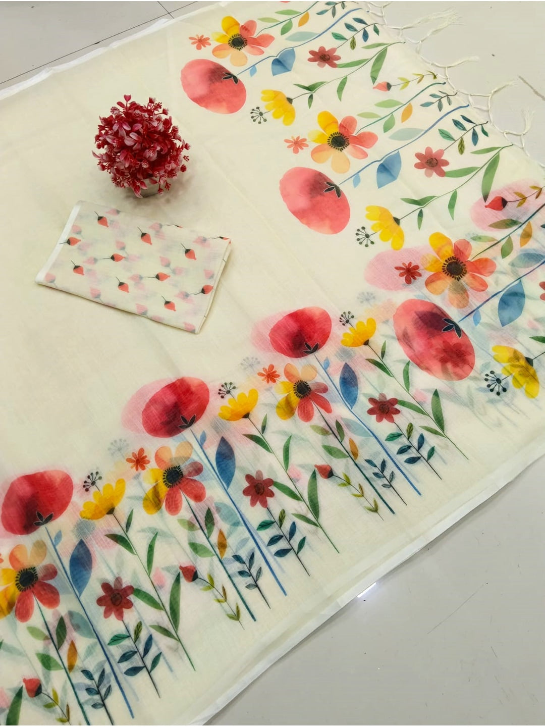 Peachmode Cream Linen Cotton Saree with Red Yellow Floral Print - Image 2