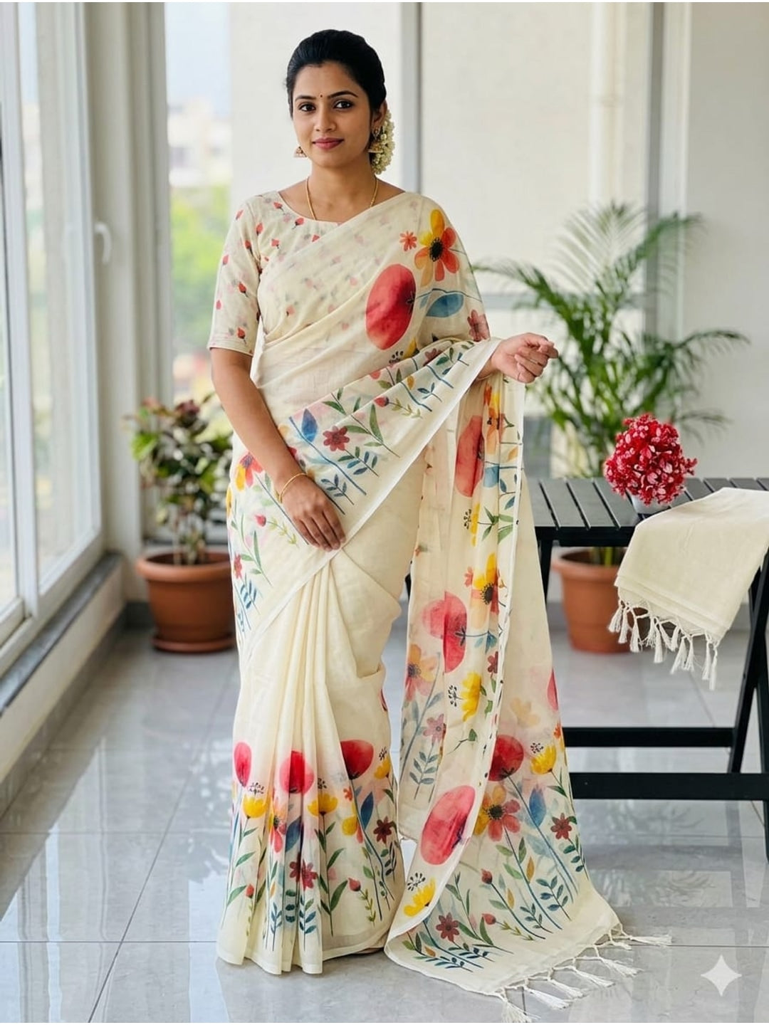 Peachmode Cream Linen Cotton Saree with Red Yellow Floral Print - Image 5