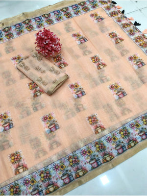 Peachmode Peach Linen Cotton Saree with Floral Print - Image 2