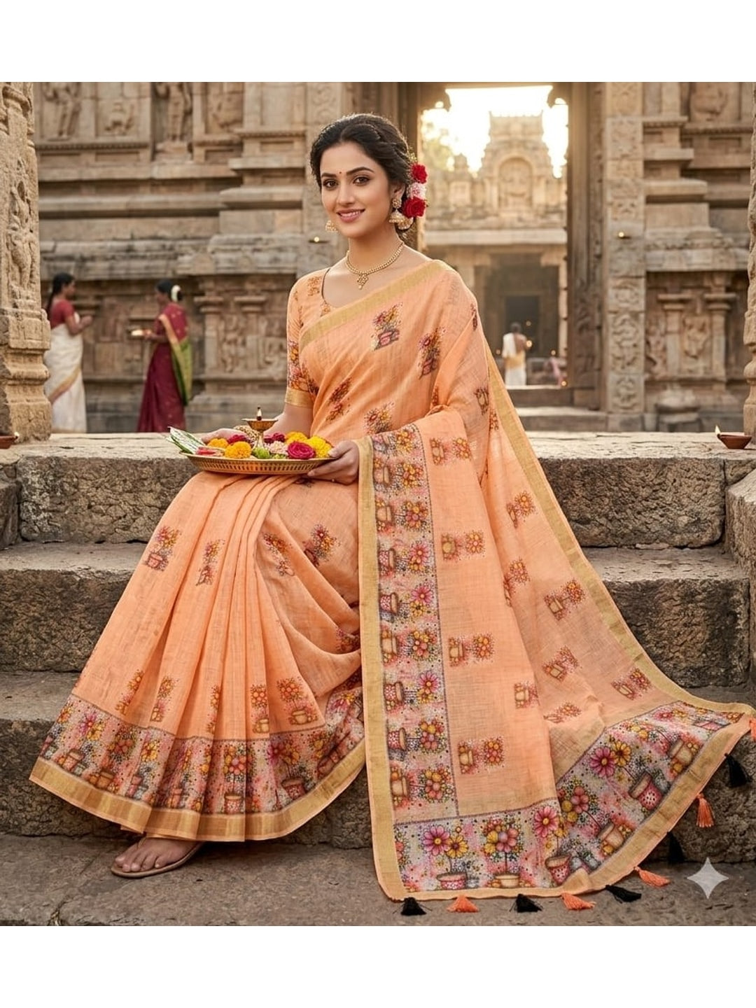 Peachmode Peach Linen Cotton Saree with Floral Print - Image 6