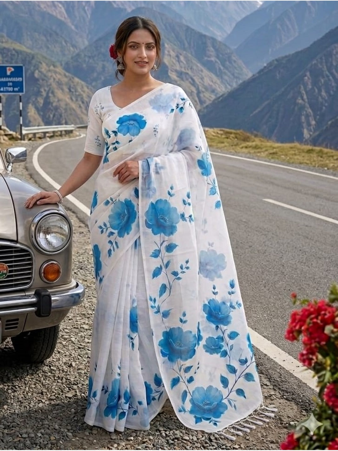 Peachmode White Linen Cotton Saree with Blue Floral Print - Image 1