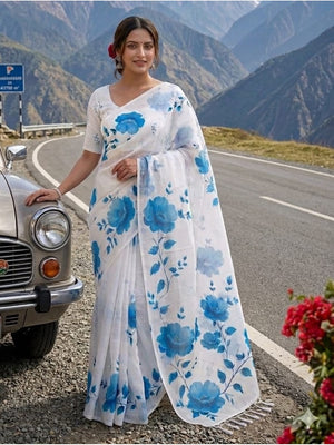 Peachmode White Linen Cotton Saree with Blue Floral Print - Image 1