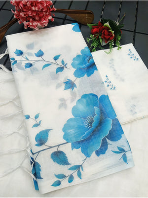 Peachmode White Linen Cotton Saree with Blue Floral Print - Image 2