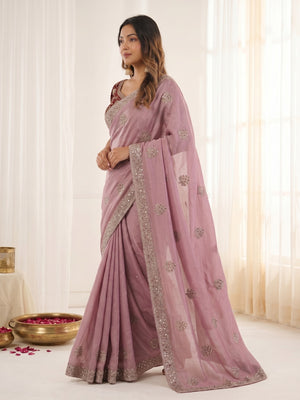 Peachmode Pink Fandy Satin C-Pallu Embroidered Saree with Sequence Cut Work Border - Image 2