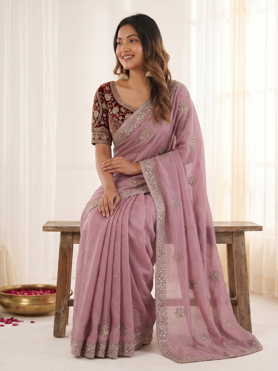 Peachmode Pink Fandy Satin C-Pallu Embroidered Saree with Sequence Cut Work Border - Image 4
