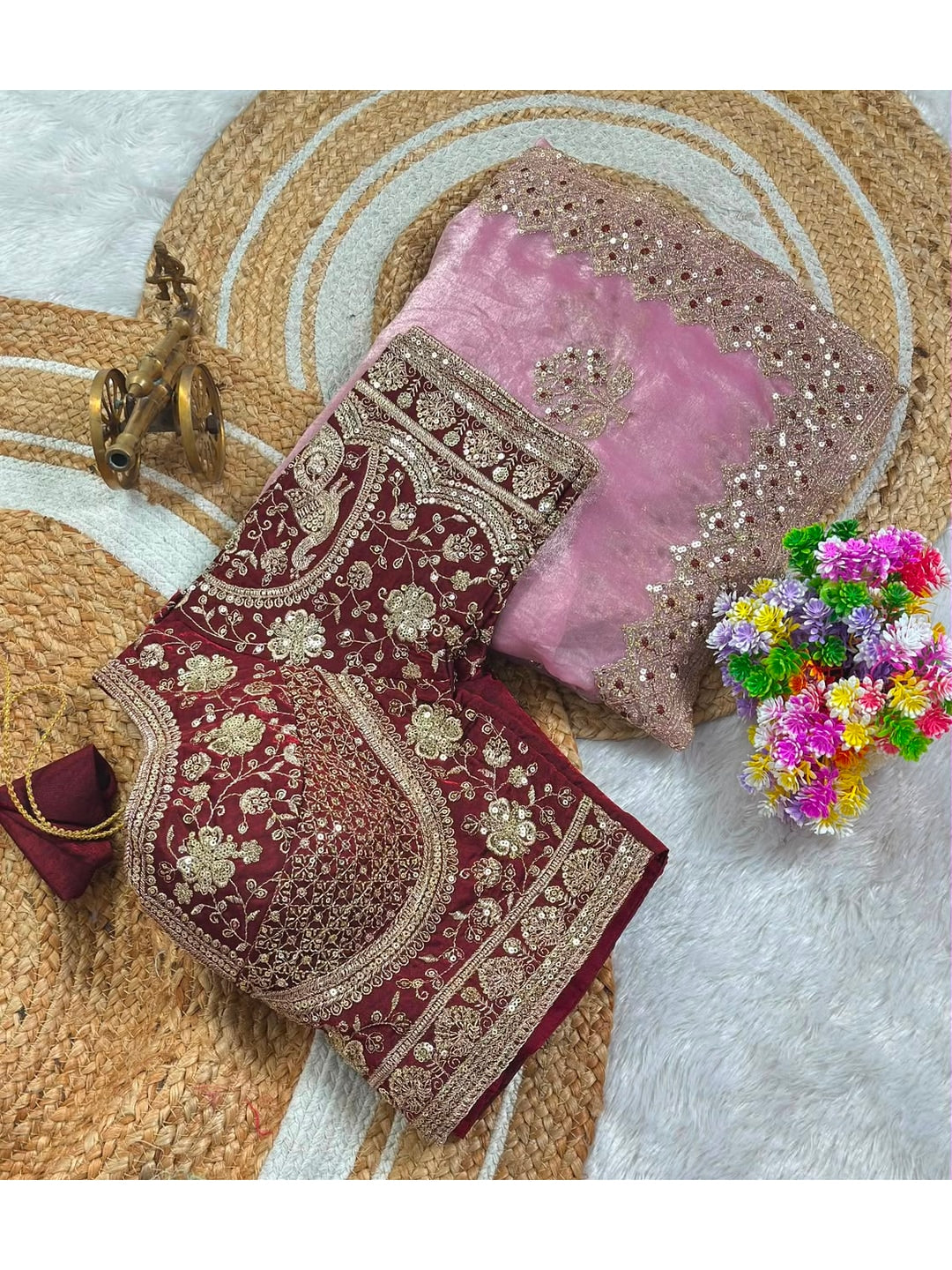 Peachmode Pink Fandy Satin C-Pallu Embroidered Saree with Sequence Cut Work Border - Image 6