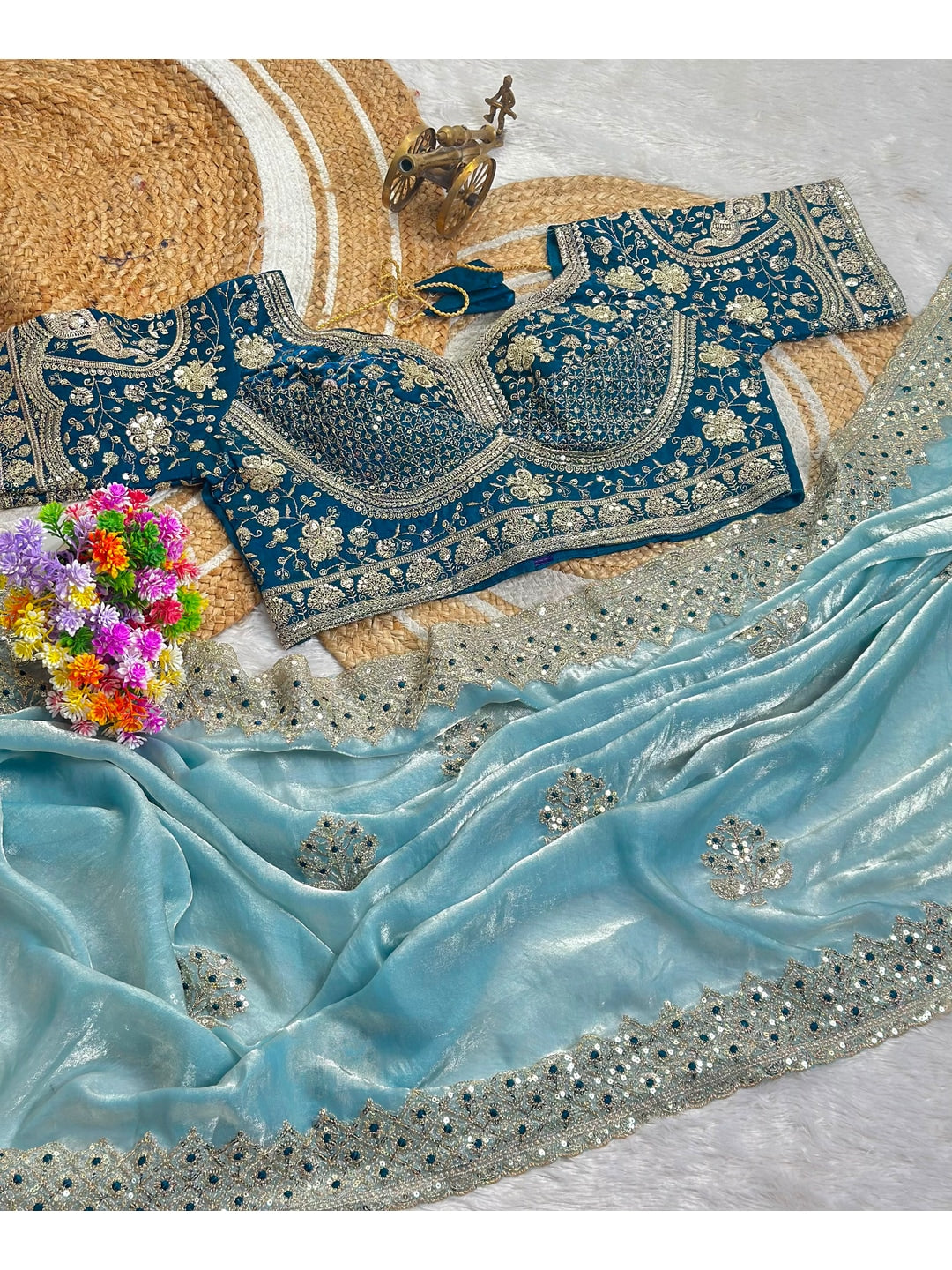 Peachmode Blue Fandy Satin C-Pallu Embroidered Saree with Sequence Cut Work Border - Image 6