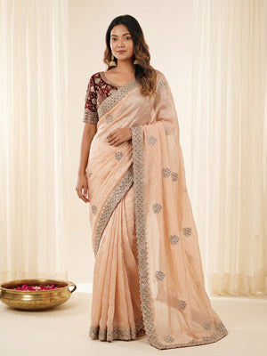 Peachmode Peach Fandy Satin C-Pallu Embroidered Saree with Sequence Cut Work Border - Image 1