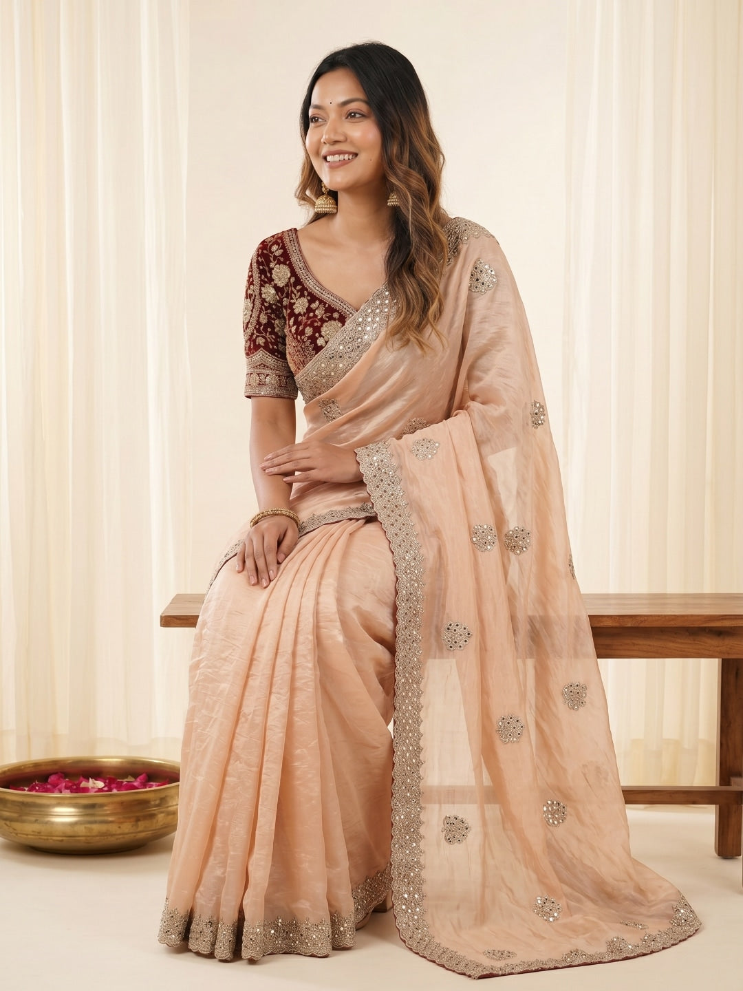 Peachmode Peach Fandy Satin C-Pallu Embroidered Saree with Sequence Cut Work Border - Image 3