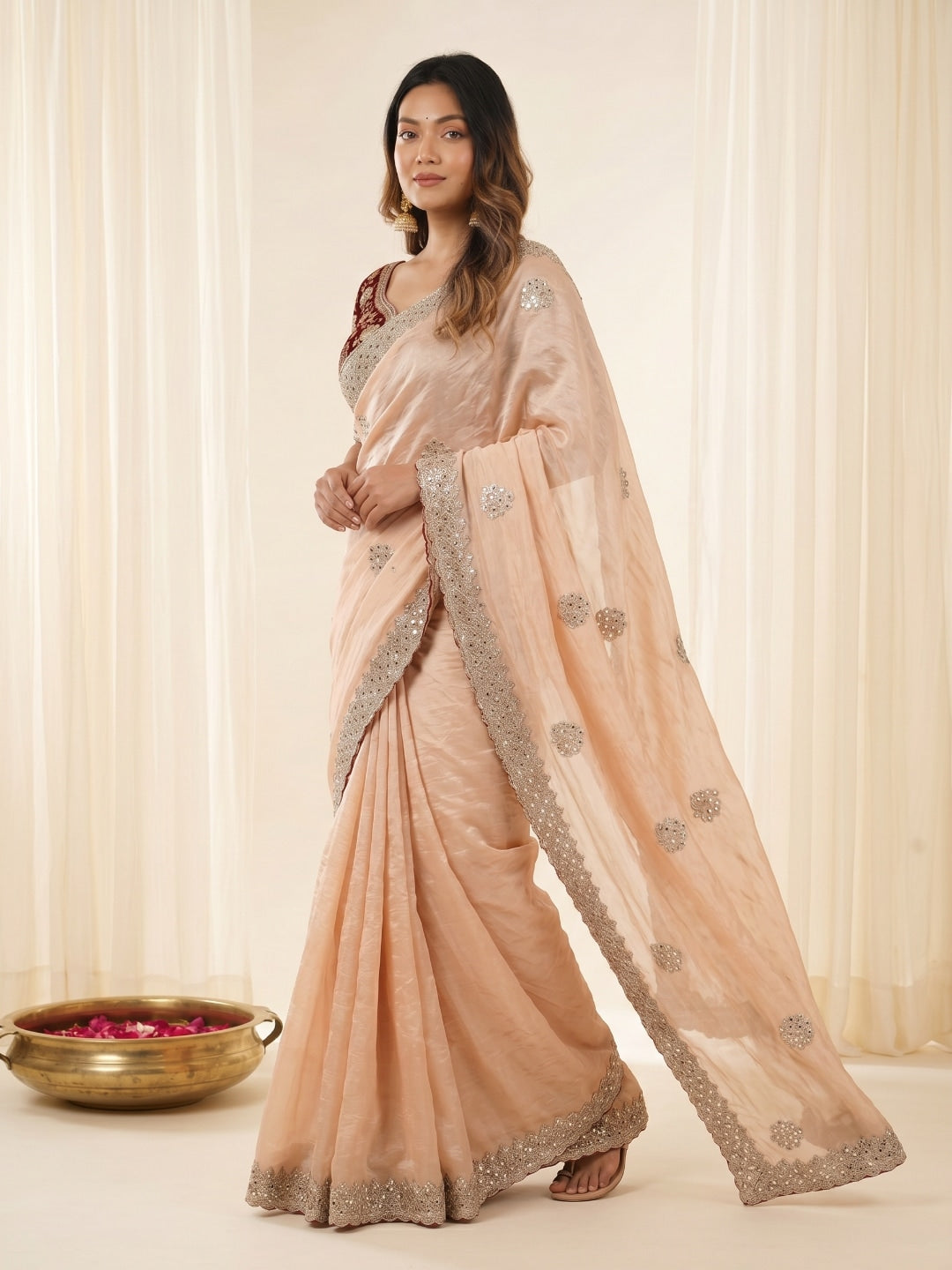 Peachmode Peach Fandy Satin C-Pallu Embroidered Saree with Sequence Cut Work Border - Image 4