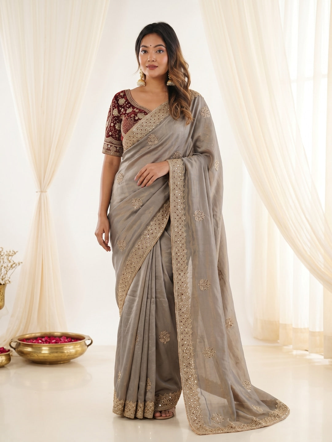 Peachmode Grey Fandy Satin C-Pallu Embroidered Saree with Sequence Cut Work Border - Image 1