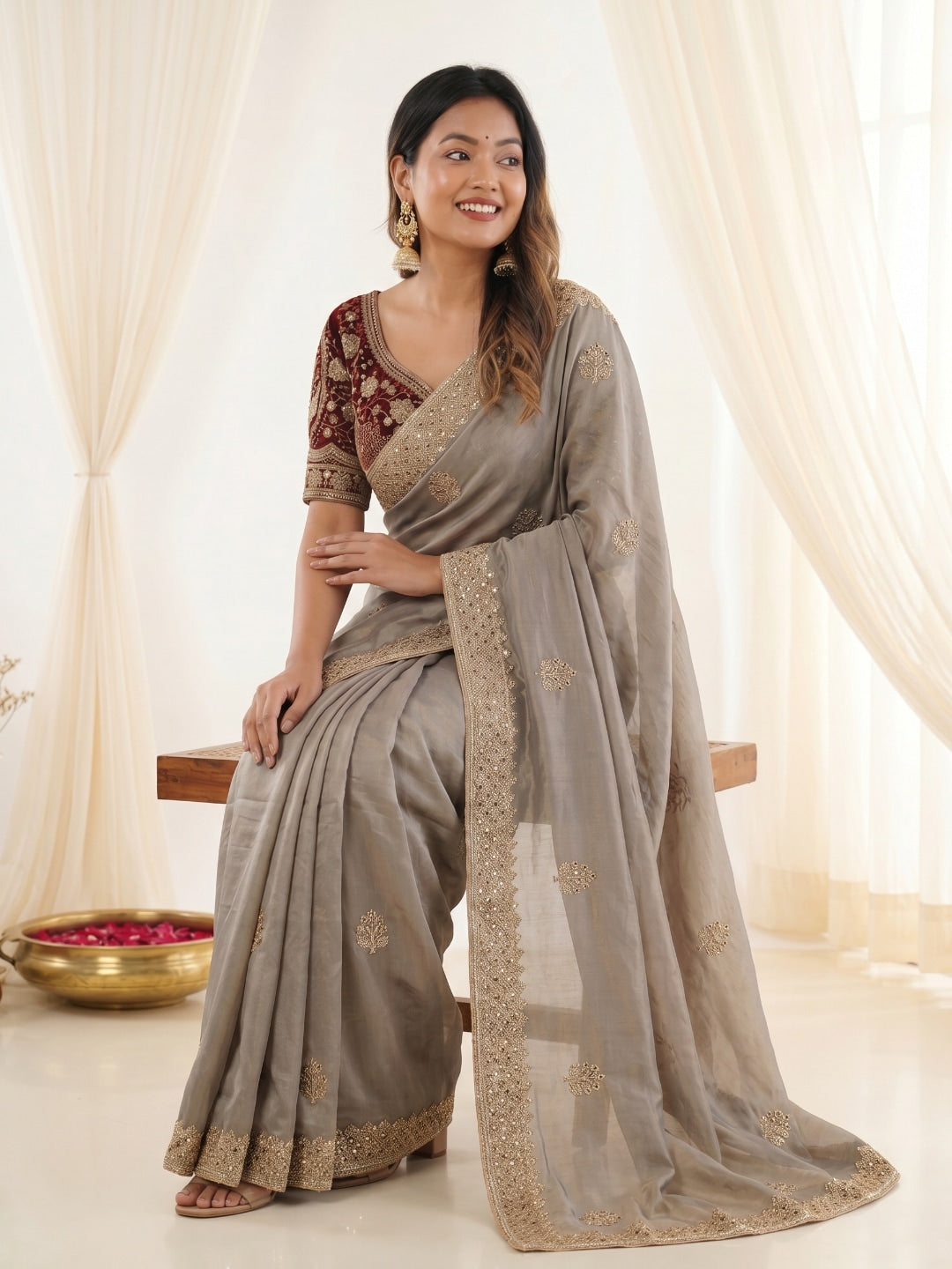 Peachmode Grey Fandy Satin C-Pallu Embroidered Saree with Sequence Cut Work Border - Image 3