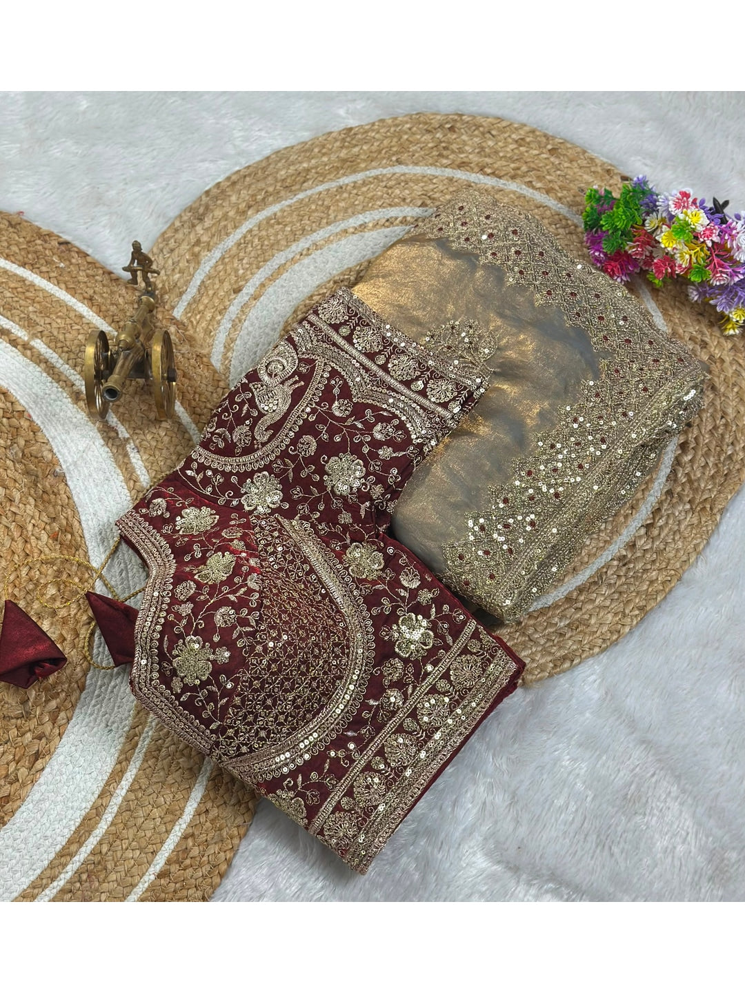 Peachmode Grey Fandy Satin C-Pallu Embroidered Saree with Sequence Cut Work Border - Image 7