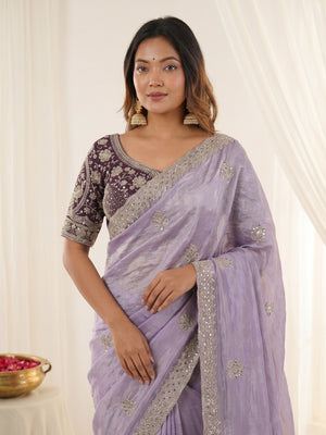 Peachmode Lavender Fandy Satin C-Pallu Embroidered Saree with Sequence Cut Work Border - Image 2