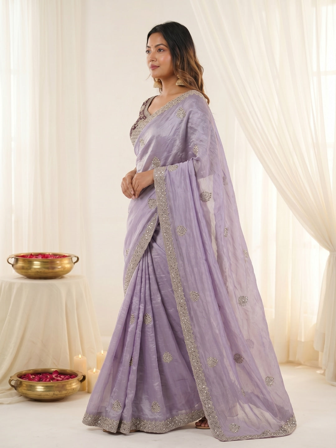 Peachmode Lavender Fandy Satin C-Pallu Embroidered Saree with Sequence Cut Work Border - Image 4