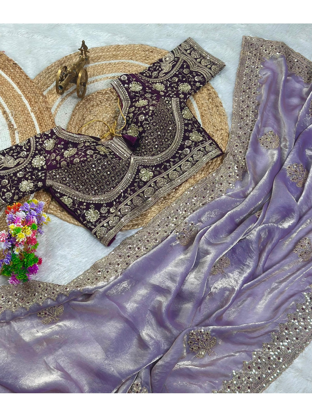 Peachmode Lavender Fandy Satin C-Pallu Embroidered Saree with Sequence Cut Work Border - Image 5