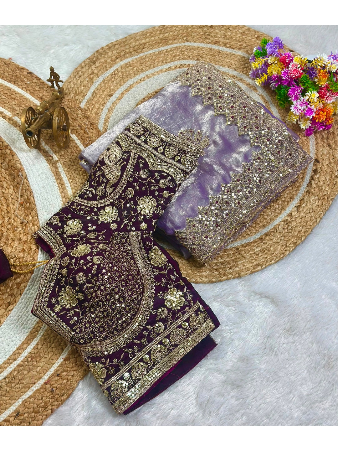 Peachmode Lavender Fandy Satin C-Pallu Embroidered Saree with Sequence Cut Work Border - Image 8