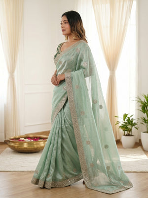 Peachmode Sea Green Fandy Satin C-Pallu Embroidered Saree with Sequence Cut Work Border - Image 2