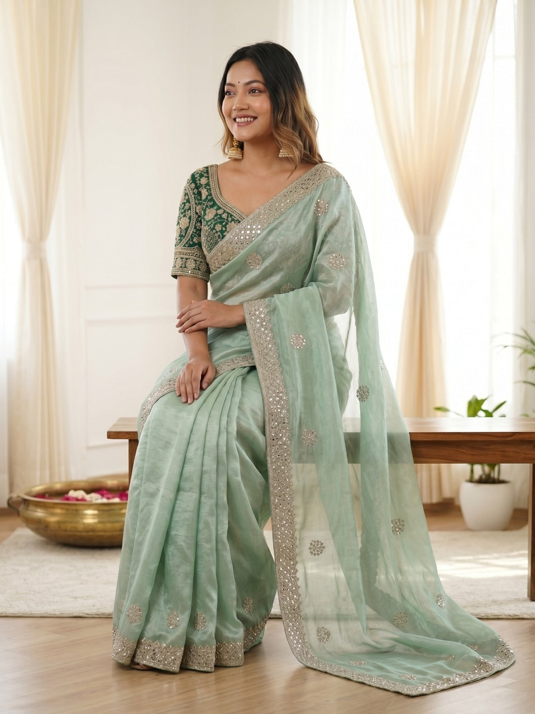 Peachmode Sea Green Fandy Satin C-Pallu Embroidered Saree with Sequence Cut Work Border - Image 4