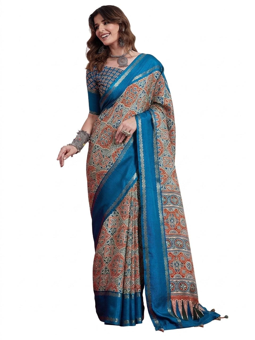Peachmode Blue Semi Modal Saree with Mirror Work - Image 9