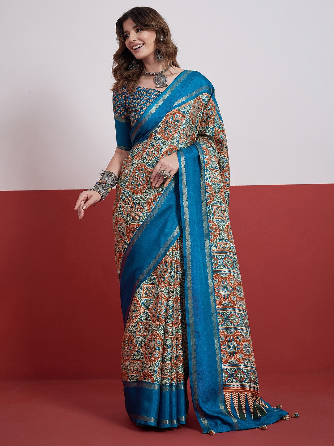 Peachmode Blue Semi Modal Saree with Mirror Work - Image 1