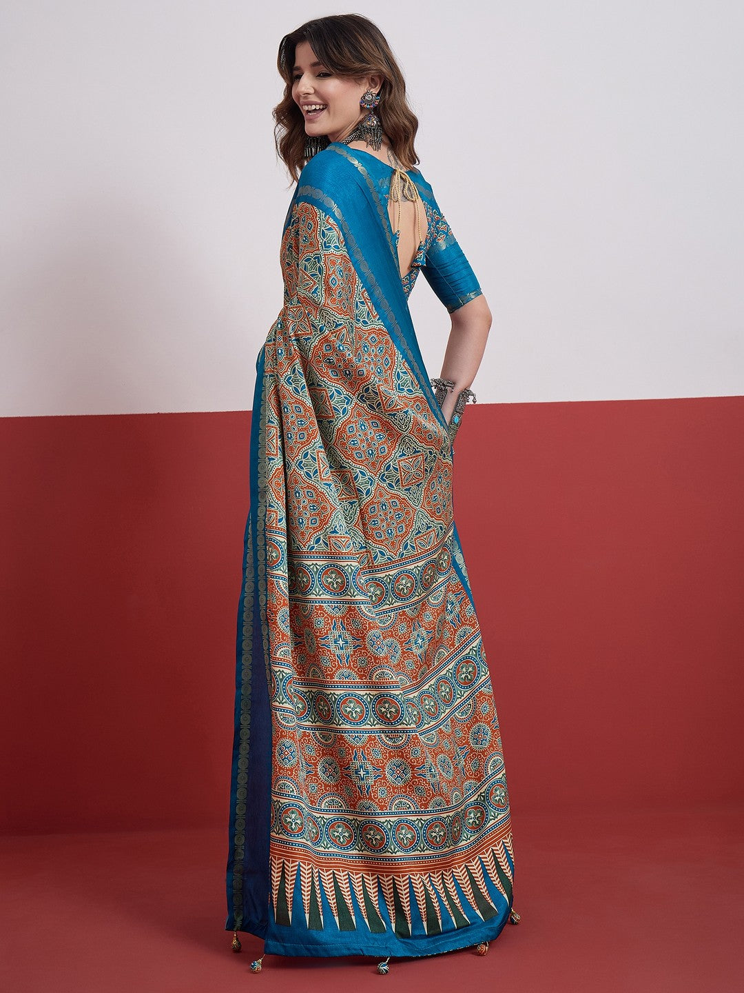 Peachmode Blue Semi Modal Saree with Mirror Work - Image 3