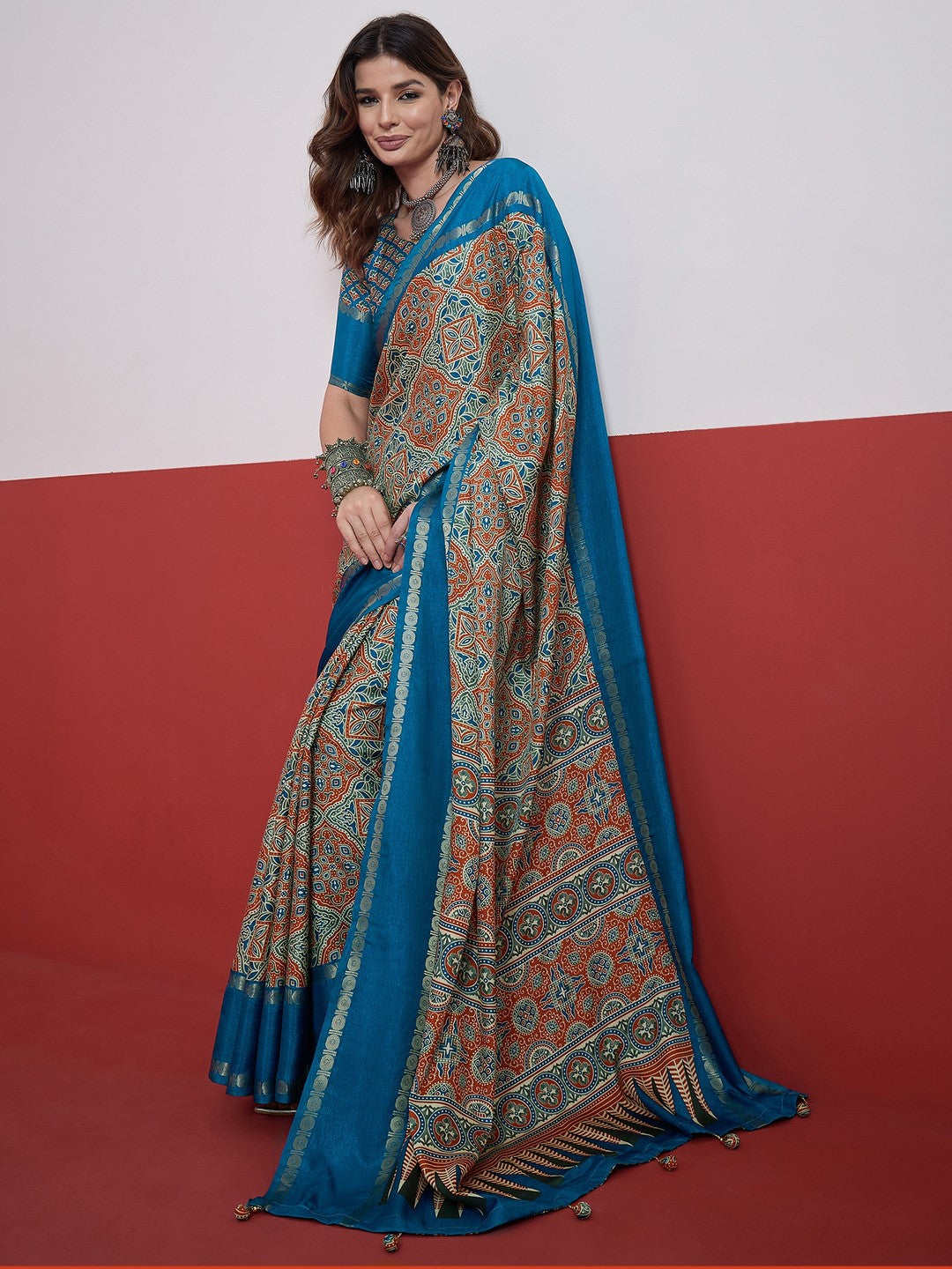 Peachmode Blue Semi Modal Saree with Mirror Work - Image 5