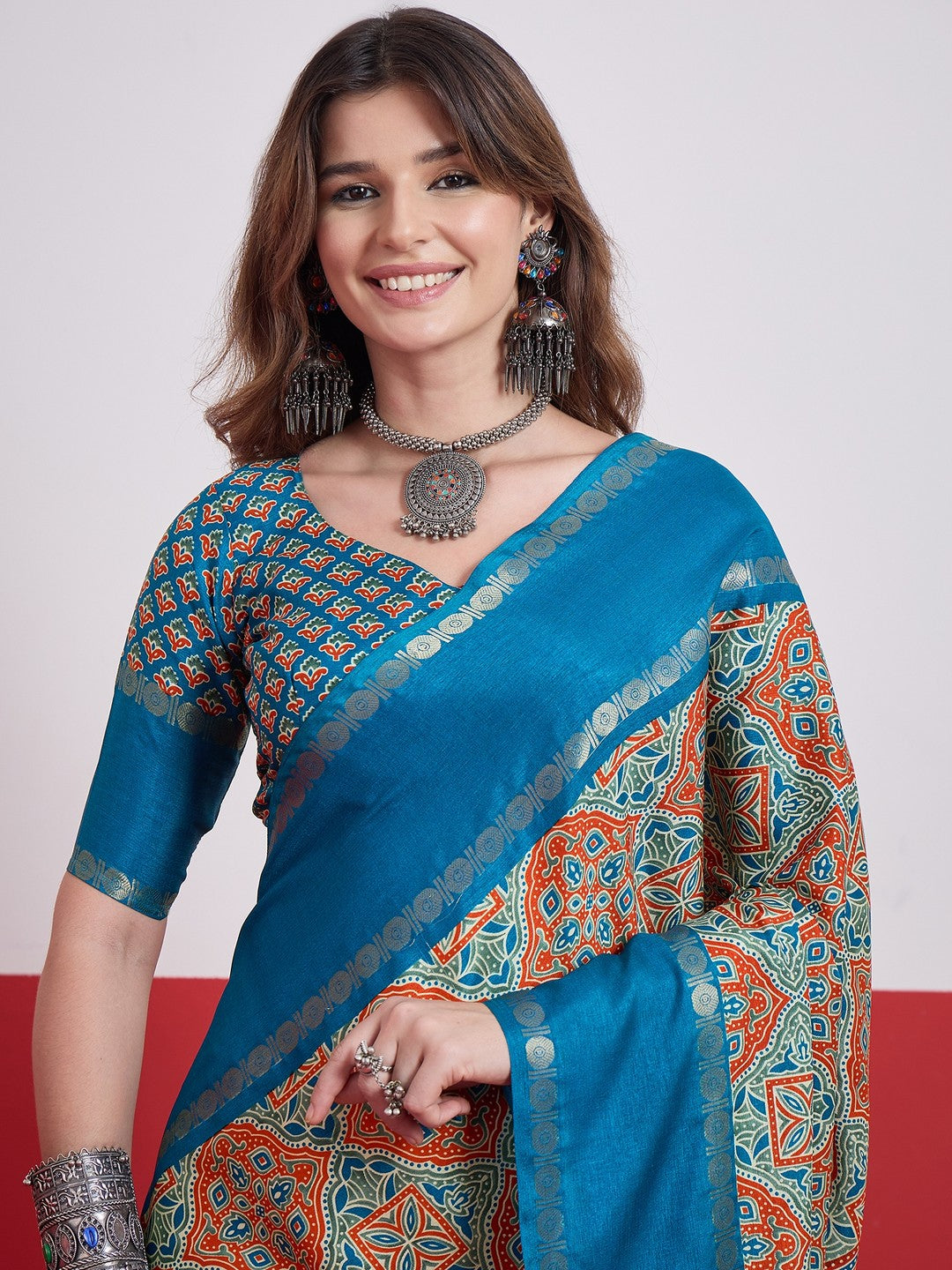 Peachmode Blue Semi Modal Saree with Mirror Work - Image 8