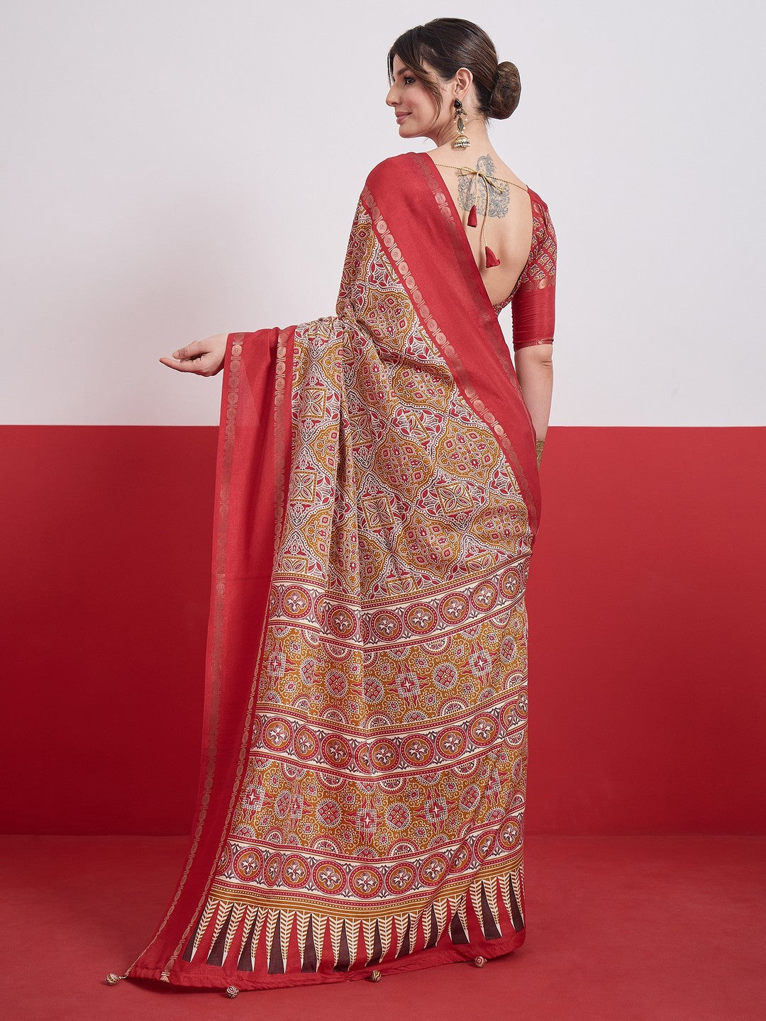 Peachmode Red Semi Modal Saree with Mirror Work - Image 3
