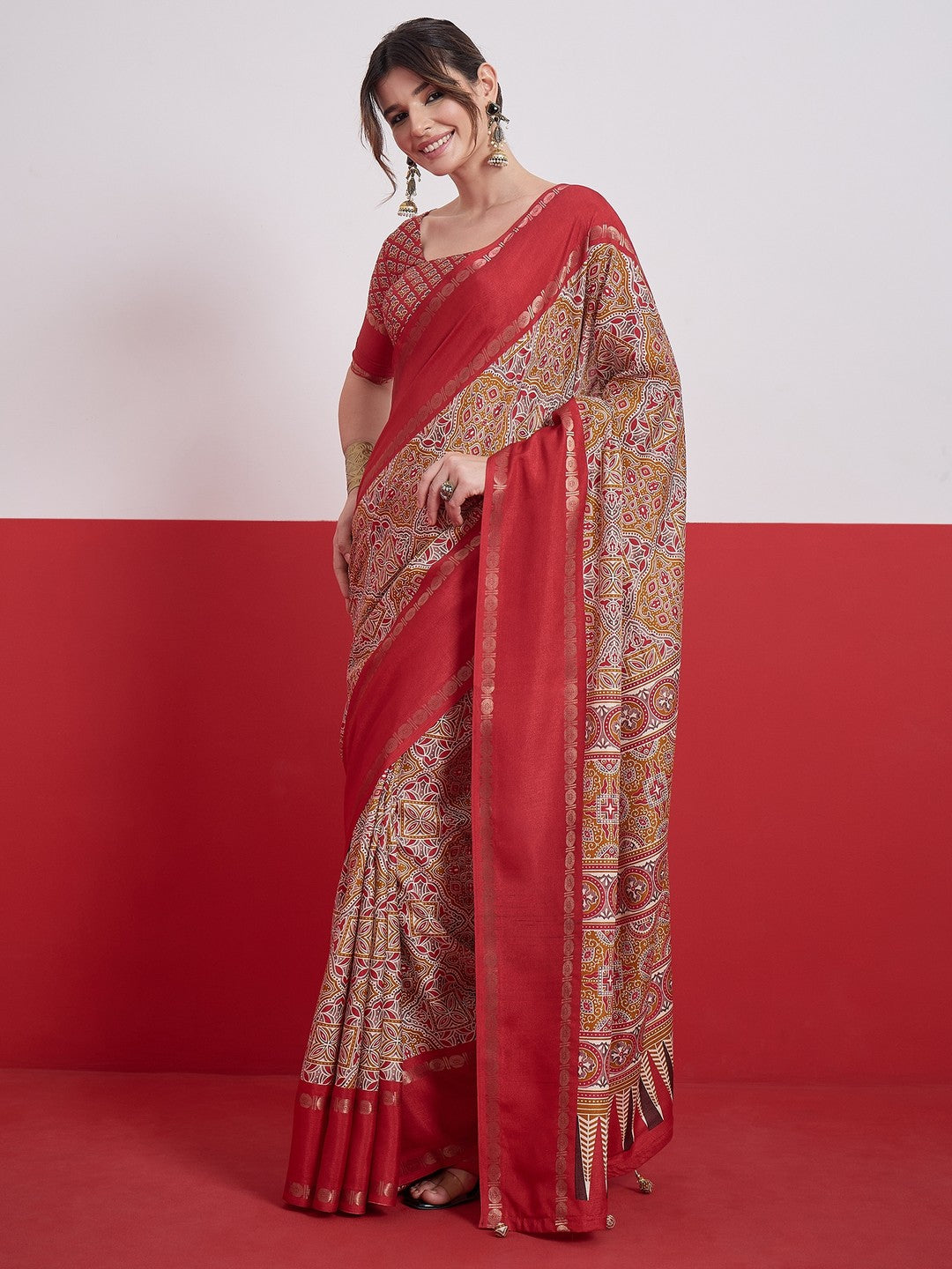 Peachmode Red Semi Modal Saree with Mirror Work - Image 4